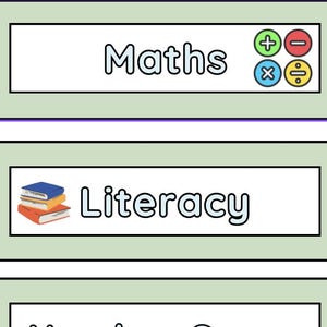 May include: Four rectangular labels with light green borders and white backgrounds. The labels feature the text Maths with math symbols, Literacy with a stack of books, Number Sense, and Geography with a globe icon, all in a clear black font.