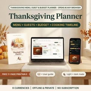Può includere: Un pianificatore digitale del Ringraziamento su laptop e smartphone per gestire menu, ospiti e budget. Include una guida stampabile con il testo: Thanksgiving Menu, Guest & Budget Planner, Thanksgiving Planner, Menu, Guests, Budget, Cooking Timeline.