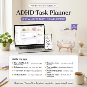 Può includere: Un'applicazione web di pianificazione attività ADHD visualizzata su un portatile e uno smartphone, con guida utente, interfaccia di gestione attività e un elenco di funzioni come timer di concentrazione, brain dump e monitoraggio abitudini.