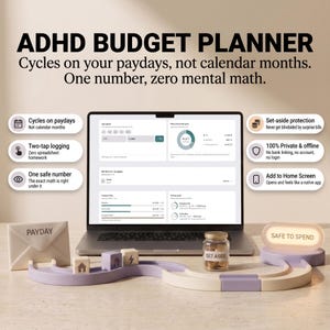May include: An ADHD budget planner digital interface on a laptop screen with text reading ADHD BUDGET PLANNER, Cycles on your paydays, not calendar months. One number, zero mental math. Features include icons for paydays, logging, and safe spending.