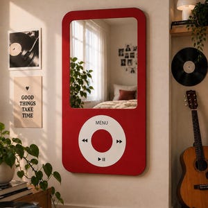 Retro iPod Style Red Wall Mirror, Music Room Decor, Statement Piece