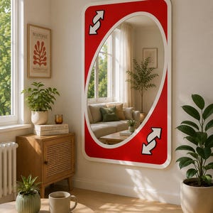 May include: A rectangular wall mirror designed to resemble a red Uno reverse playing card. The mirror features a large oval center, a white border, and white arrow icons in the top-left and bottom-right corners, mounted on a plain wall.