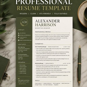 May include: A professional resume template featuring a two-column layout with a dark olive green sidebar and white main section. The document includes sections for contact, education, expertise, profile, experience, and skills, with the name Alexander Harrison.
