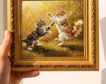 Ölgemälde „Zwei spielende Kätzchen im goldenen Gras“, individuelles Ölgemälde nach Foto, Geschenk für Freunde, Größe 4"×4"