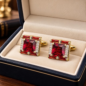 May include: A pair of square gold cufflinks, each featuring a large, faceted princess-cut red gemstone at the center, surrounded by a border of small, clear white stones set into the gold frame, presented in a dark blue jewelry box.