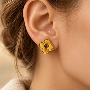 Natural Tiger's Eye Clover Earrings, Gold Plated Floral Studs, Vintage Inspired Statement Jewelry