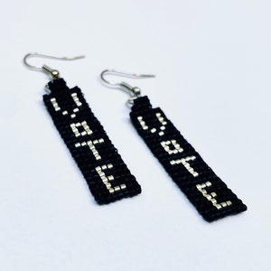 Handwoven Seed Bead VOTE Earrings: Black & Silver Dangle Jewelry