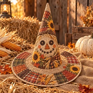 May include: A quilted fabric witch hat featuring a patchwork brim with plaid, sunflower, and autumn leaf patterns. The cone-shaped crown displays a scarecrow face with button eyes, a stitched nose, and a wide smile, accented by raffia straw.