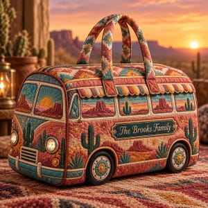 May include: A quilted duffel bag shaped like a vintage camper van, featuring a desert landscape with cacti, mesas, and a sunset. The side displays the text The Brooks Family in a dark green rectangular frame. It has two handles and a zipper closure.