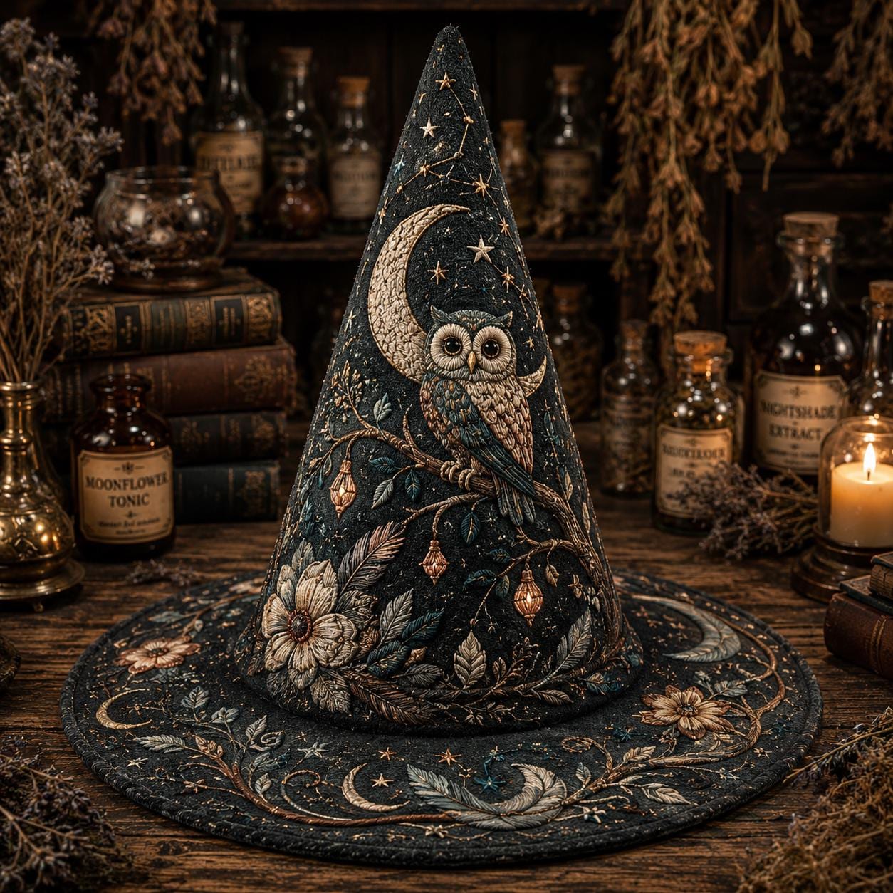 Owl Witch Hat, Celestial Moon Halloween Hat, Personalized Wide Brim Wizard Hat