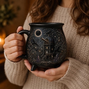 Puede incluir: Una taza negra con forma de caldero que presenta una ilustración detallada de un observatorio con telescopio, una luna oscura, cuervos volando y constelaciones. El diseño incluye detalles de cristales morados en la base y líneas doradas.