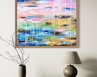 Abstract art painting - Original bright pink blue sea painting - Pastel art acrylic
