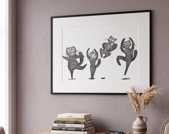 Original Dancing Cats Illustration, Black and White Funny Feline Wall Art, Large A3 Whimsical Four Cats Drawing, Joyful Home Decor Gift