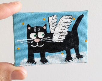Original mini cat tiny painting on small canvas, Animal art, Small funny handmade gift for cat lover