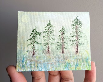 Small paintings on canvas original acrylic, Hand painted mini canvas art easel, Pine trees forest nature artwork