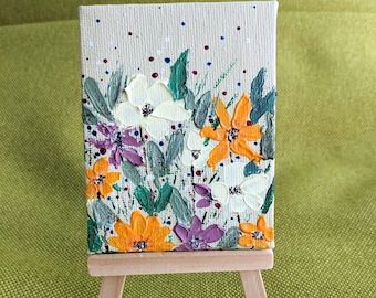 Tiny painting on canvas, Original mini art, Small flower miniature acrylic botanical artwork with free easel