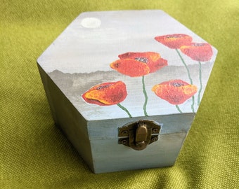 Jewelry box with poppies, Hand painted artwork red poppy wooden box, Flowers painting Mothers day gift for her