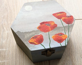 Poppy jewelry box wood - Acrylic painting red poppies on the box - Flowers painting gift for floral lover - Hand painted art