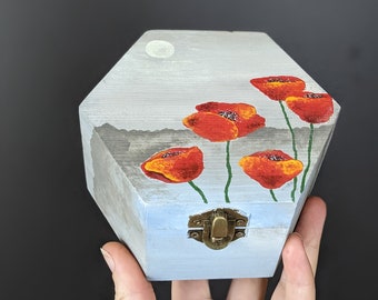 Poppy jewelry box wood - Acrylic painting red poppies on the box - Flowers painting gift for floral lover - Hand painted art