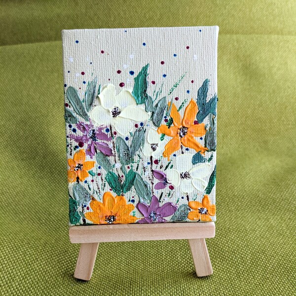 Tiny painting on canvas, Original mini art, Small flower miniature acrylic botanical artwork with free easel