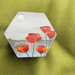Poppy jewelry box wood Acrylic painting red poppies on the box Flowers painting gift for floral lover Hand painted art image 5