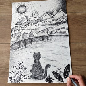 Original Katze Tinte Zeichnung, Berge und Katzen Liebhaber Geschenk, Einzelstück schwarz-weiß Illustration, Tier Wand Kunst Dekor Bild 1