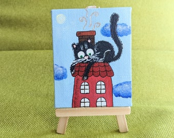 Cat painting fun mini canvas - Miniature acrylic black kitty art - Hand painted animal artwork on canvas with easel for housewarming party