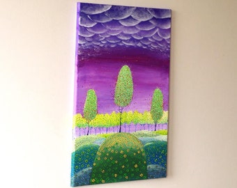 Bright wall art, Acrylic painting on canvas, Original vertical purple and green art for the dining room