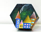 Hand painted box wooden jewelry box for her Original green wood case - wooden painted houses box - trinket storage box - housewarming gift