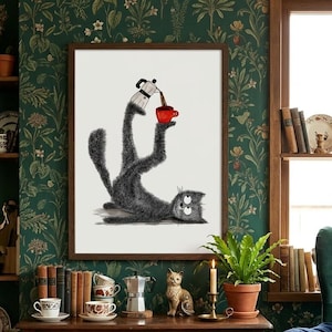 Funny Coffee Cat Original A3 Illustration, Whimsical Kitchen Wall Art, Espresso Lover Gift