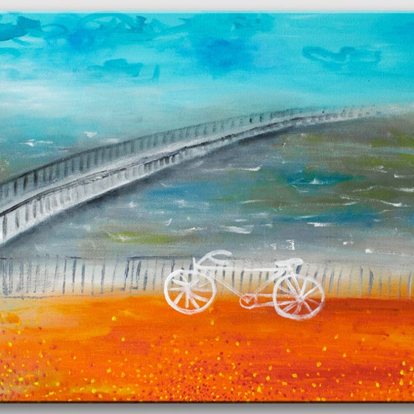 PAINTING Original Abstract landscape Neon Blue Orange Turquoise Bike art on canvas Modern River - water - aqua Home decor Wall art 12x16