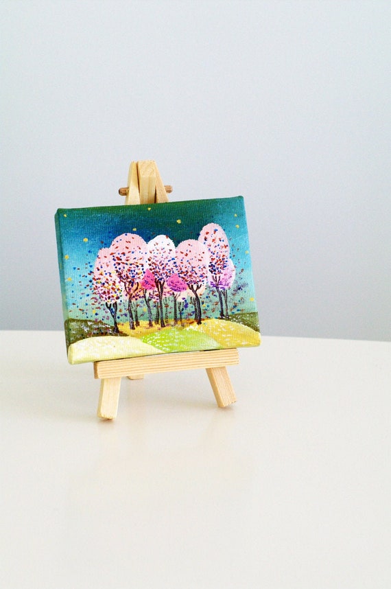 Tiny art on canvas with easel Miniature painting on canvas tree Mini canvas painting
