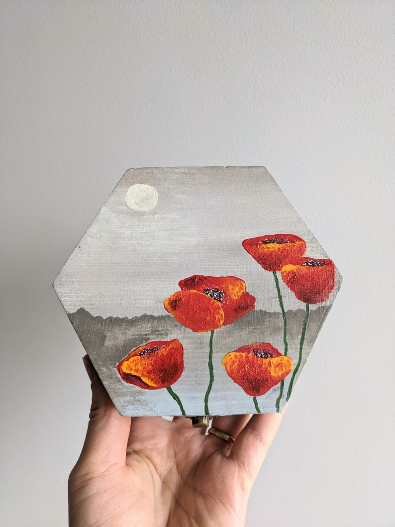 Poppy jewelry box wood Acrylic painting red poppies on the box Flowers painting gift for floral lover Hand painted art image 9