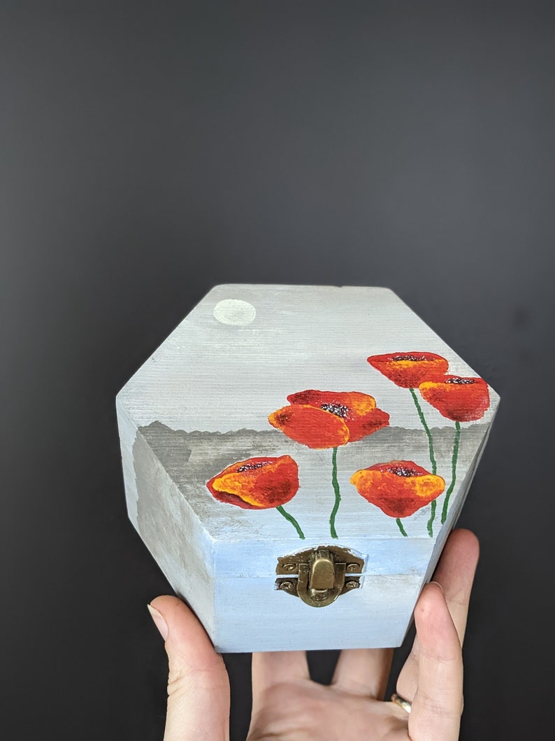 Poppy jewelry box wood Acrylic painting red poppies on the box Flowers painting gift for floral lover Hand painted art image 1