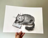 Hand-Drawn Cat Illustration with Book – Black and White Ink Art, Reading Cat Wall Decor