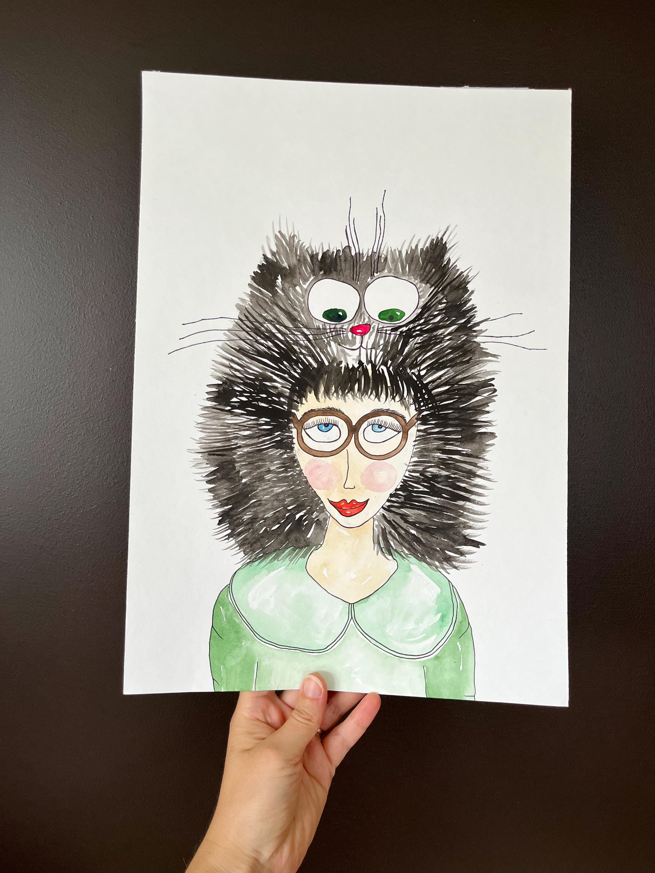 Black white cat illustration, Original ink animal painting on paper, Cat lover gift for her under 75 unframed drawing cats art