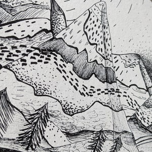 Original Katze Tinte Zeichnung, Berge und Katzen Liebhaber Geschenk, Einzelstück schwarz-weiß Illustration, Tier Wand Kunst Dekor Bild 5