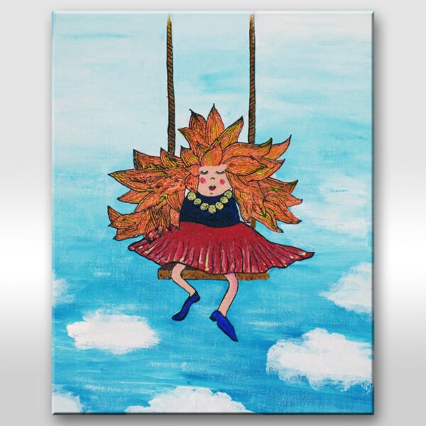 ORIGINAL PAINTING on canvas. Small artwork with orange hair girl on swings "In the clouds". Girl illustration - Nursery decor-Kid-Child