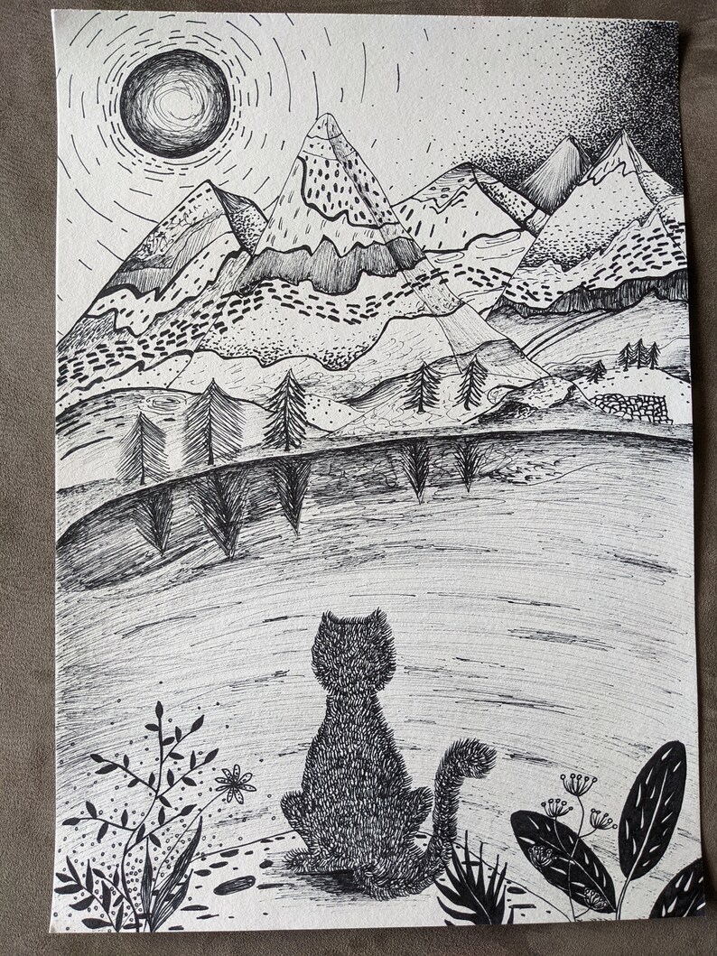 Original Katze Tinte Zeichnung, Berge und Katzen Liebhaber Geschenk, Einzelstück schwarz-weiß Illustration, Tier Wand Kunst Dekor Bild 8