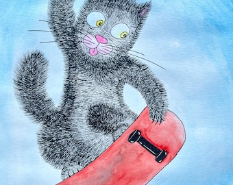 Skating Cat Aquarellbild: Lustiger Katzenliebhaber Kunst Geschenk