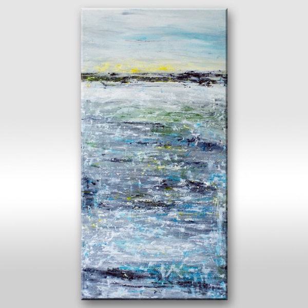 Original modern abstract light blue grey gray sea, ocean painting on canvas. Wind nature water sunset. "Hope" large original painting