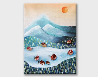 Home decor mountains painting on canvas, Folk art Landscape