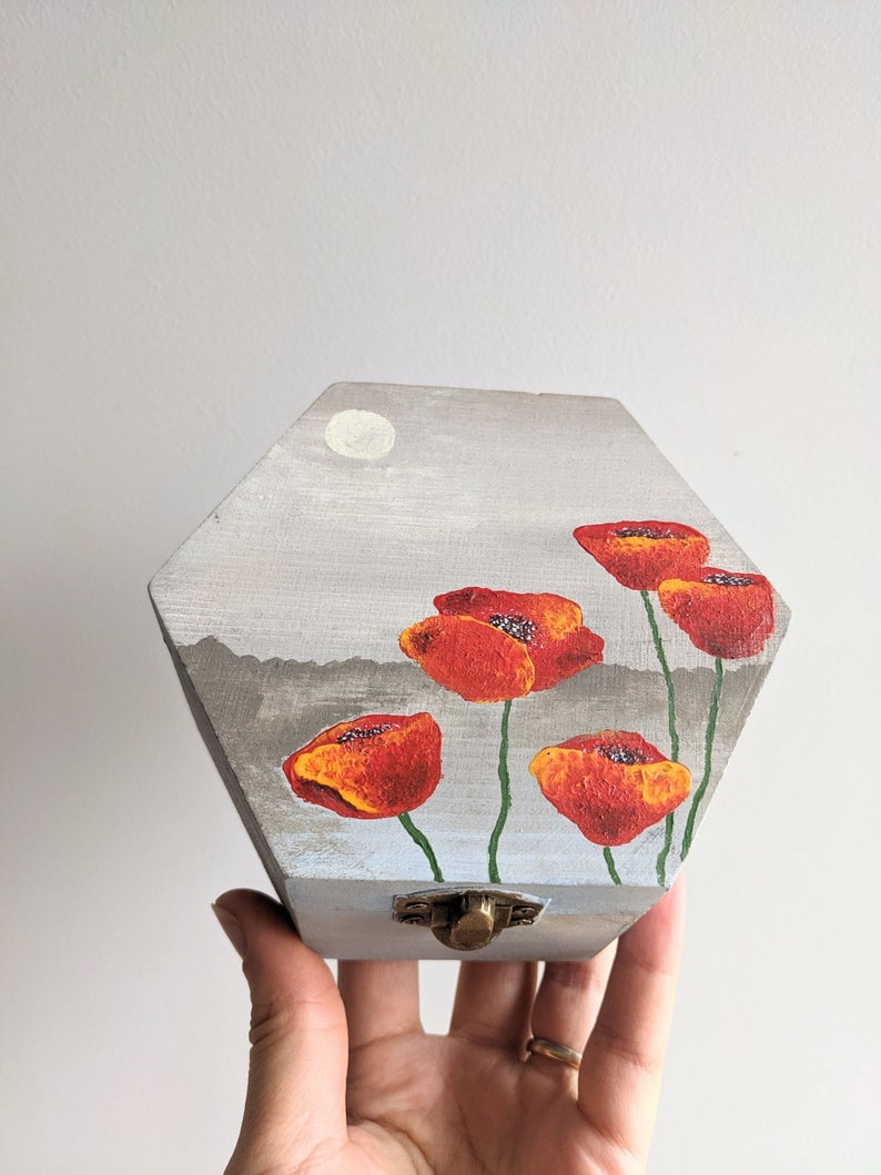 Poppy jewelry box wood Acrylic painting red poppies on the box Flowers painting gift for floral lover Hand painted art image 4