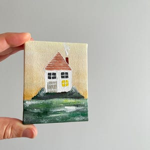 Tiny canvas painting, Original island house art with easel