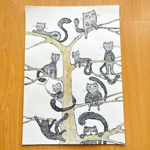 Hand painted original black and white cat painting on watercolour paper - Funny cats on tree illustration one of a kind - Nursery decor