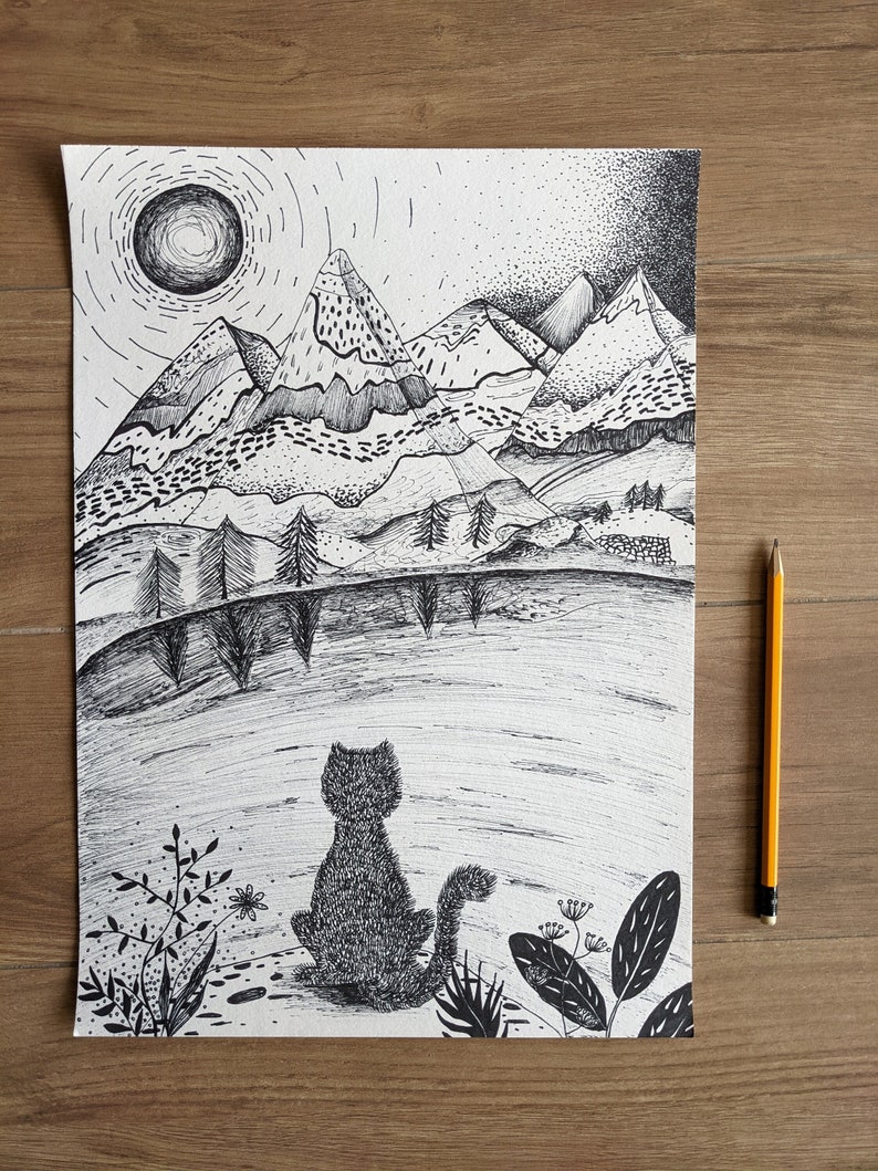 Original Katze Tinte Zeichnung, Berge und Katzen Liebhaber Geschenk, Einzelstück schwarz-weiß Illustration, Tier Wand Kunst Dekor Bild 7