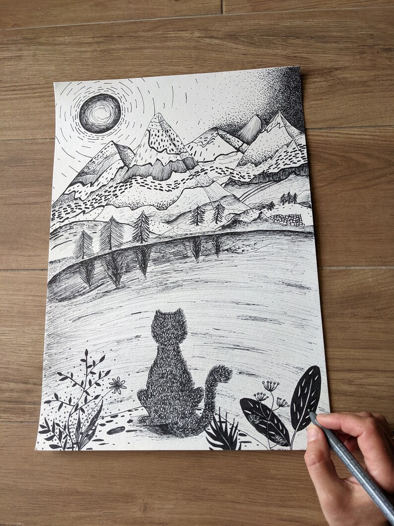 Original Katze Tinte Zeichnung, Berge und Katzen Liebhaber Geschenk, Einzelstück schwarz-weiß Illustration, Tier Wand Kunst Dekor Bild 1