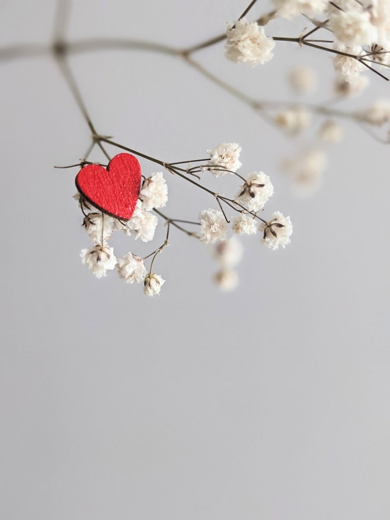 Wood small heart red pins Red heart brooch image 8