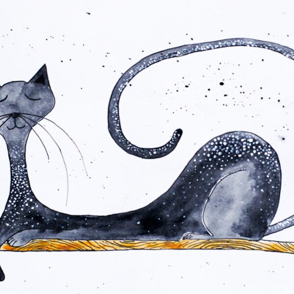 Black cat original painting. Original Ink Watercolor gray kitty drawing. A4 size painting 12 x 8. Elegant Black cat illustration. Home decor