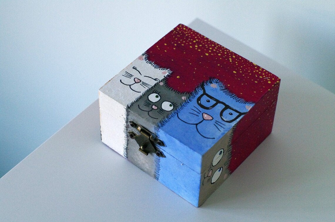 Cat jewelry box Hand painted wooden Cat keepsake box Cats Etsy